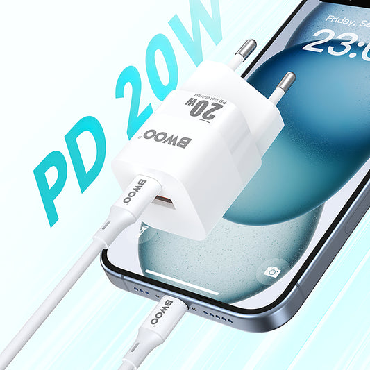 Hálózati töltő BWOO BO-CDA156, 20W, 3A, 1 x USB-A - 1 x USB-C, Fehér