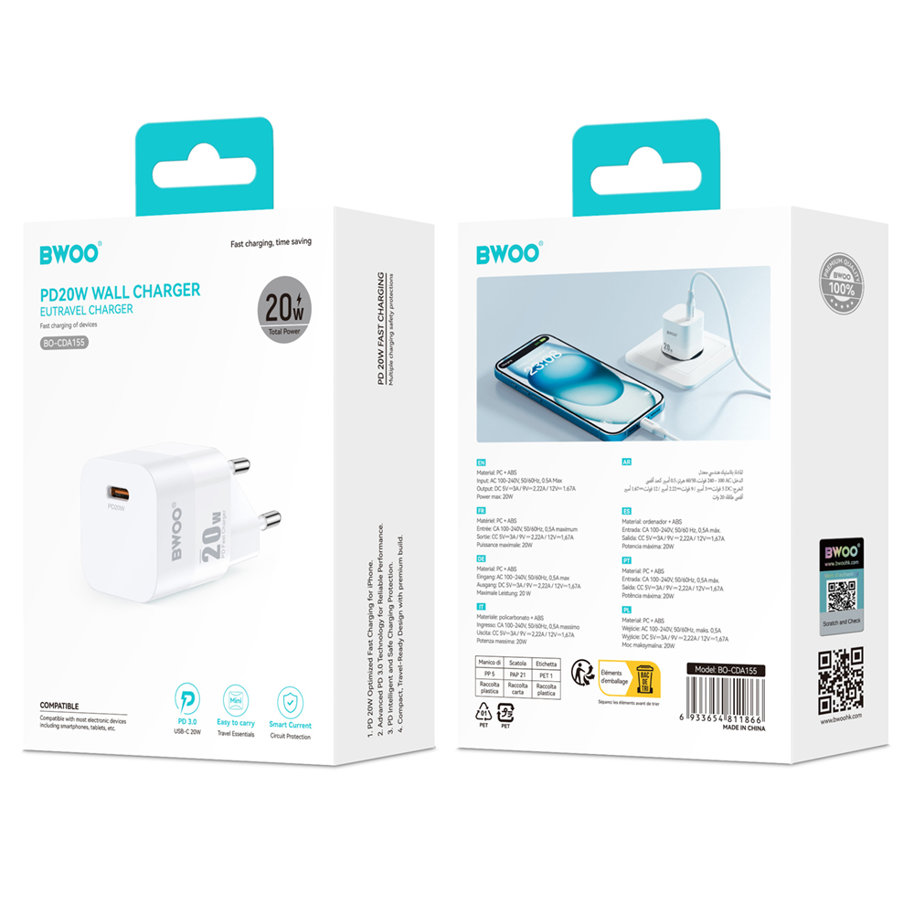 BWOO CDA155 Network Charger, 20W, 3A, 1 x USB-C, White
