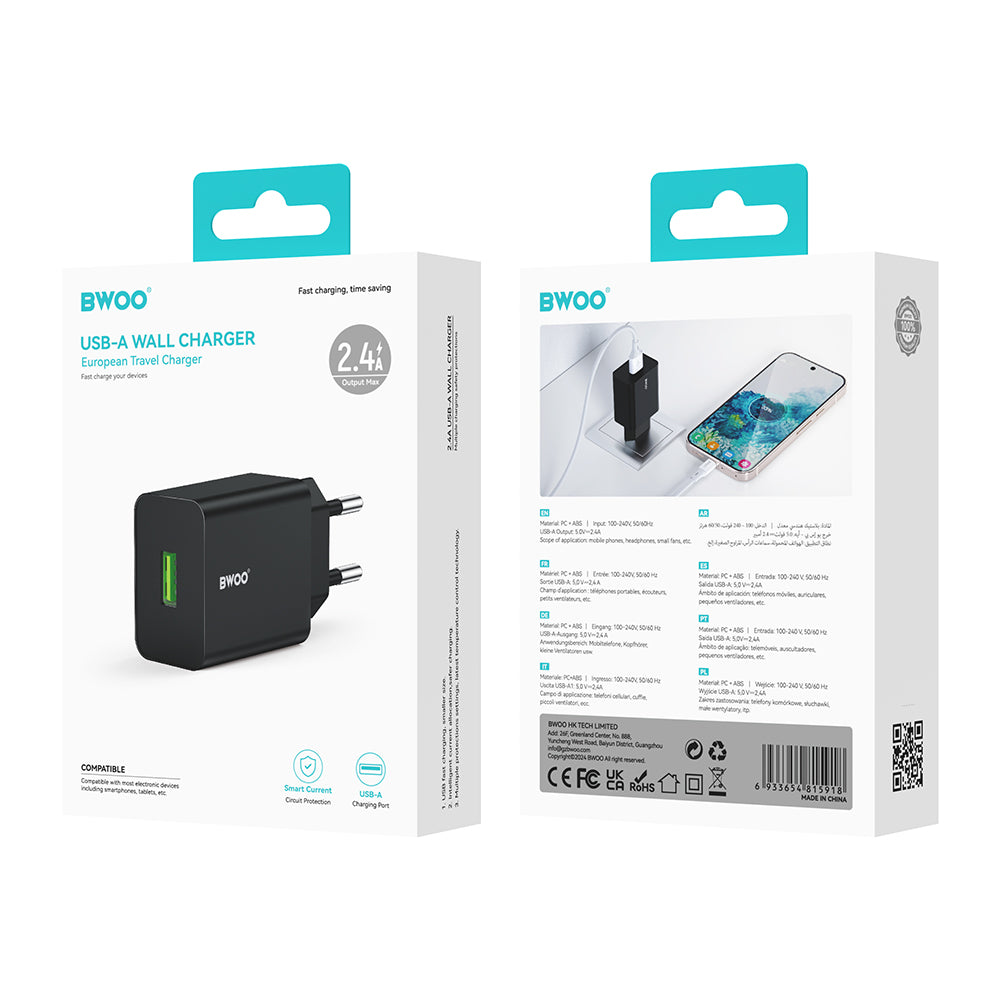 BWOO CDA249 hálózati töltő, 12W, 2.4A, 1 x USB-A, Fekete