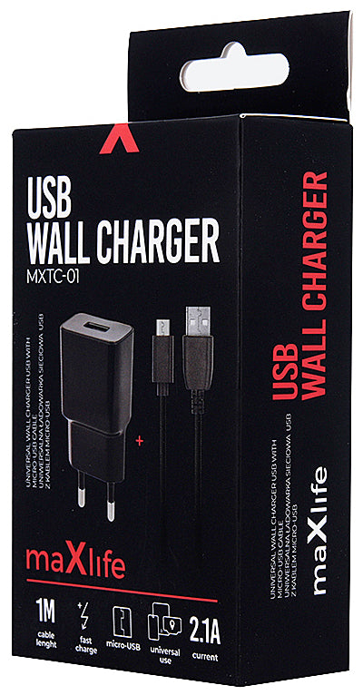 MaXlife MXTC-01 hálózati töltő microUSB kábellel, 10,5W, 2,1A, 1 x USB-A, fekete