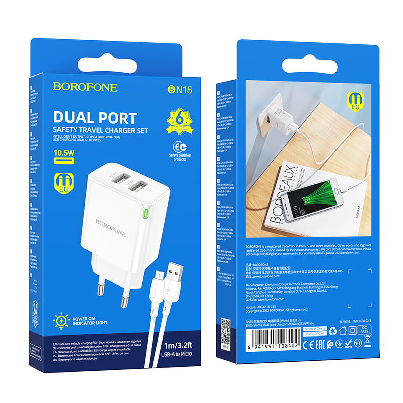 Hálózati töltő microUSB kábellel Borofone BN15 Strong, 10.5W, 2.1A, 2 x USB-A, fehér