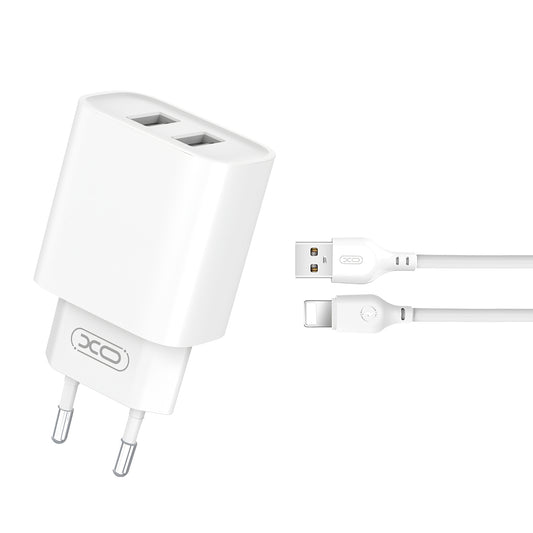 Hálózati töltő Lightning kábellel XO Design CE02C, 10,5W, 2,1A, 2 x USB-A, fehér