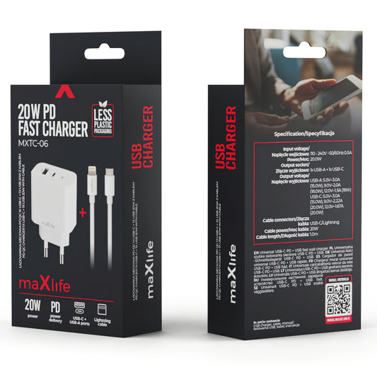 MaXlife MXTC-06-20AC MaXlife MXTC-06-20AC hálózati töltő Lightning kábellel, 20W, 3A, 1 x USB-A - 1 x USB-C, fehér színben