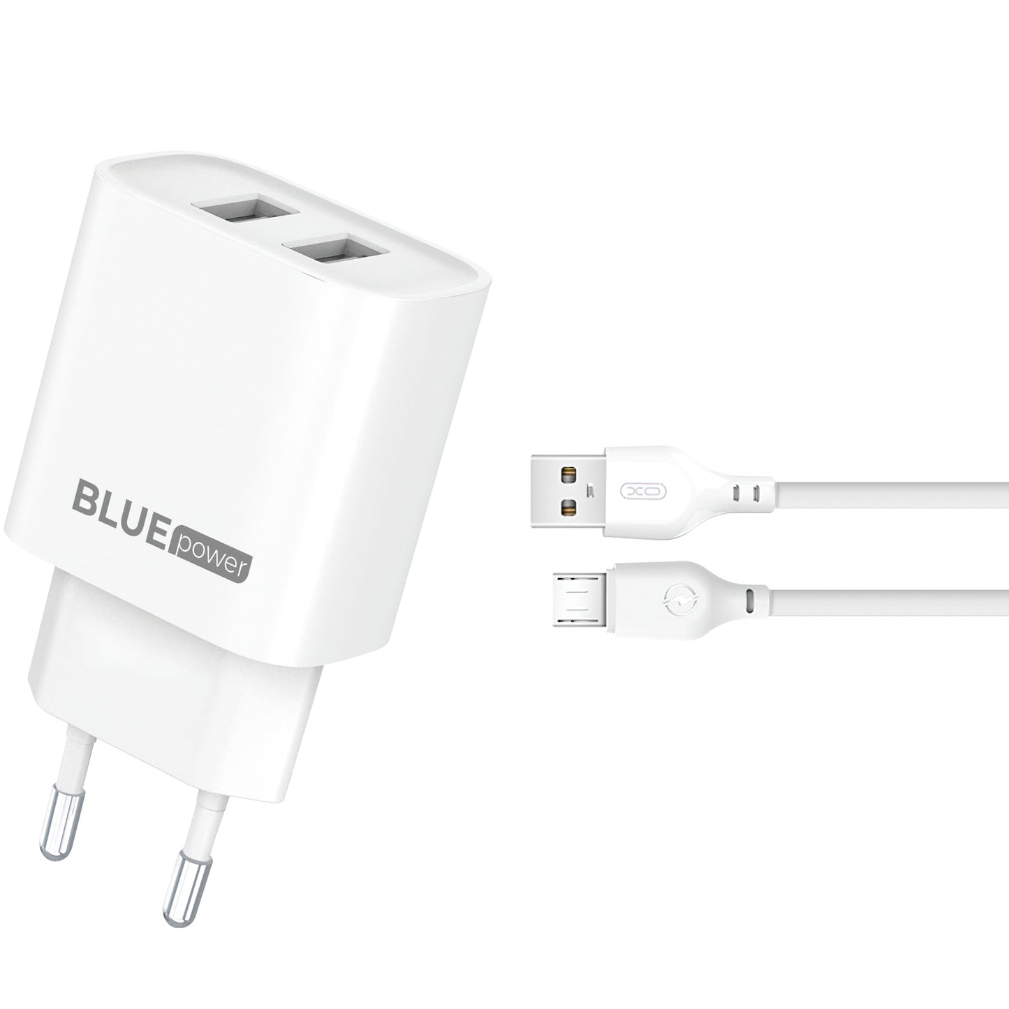Blue Power BPCE02M hálózati töltő microUSB kábellel BPCE02M, 10,5W, 2,1A, 2 x USB-A, fehér