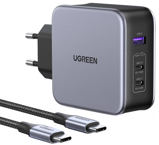UGREEN CD289 Network Charger with USB-C Cable, 140W, 5A, 1 x USB-A - 2 x USB-C, Grey