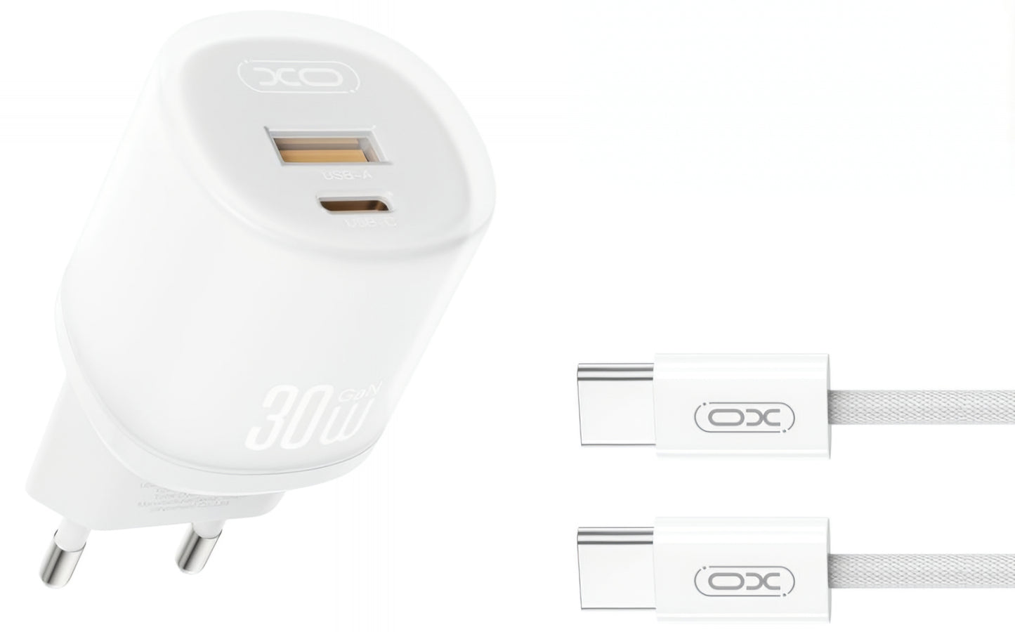 Hálózati töltő USB-C kábellel XO Design L151, 30W, 3A, 1 x USB-A - 1 x USB-C, Fehér