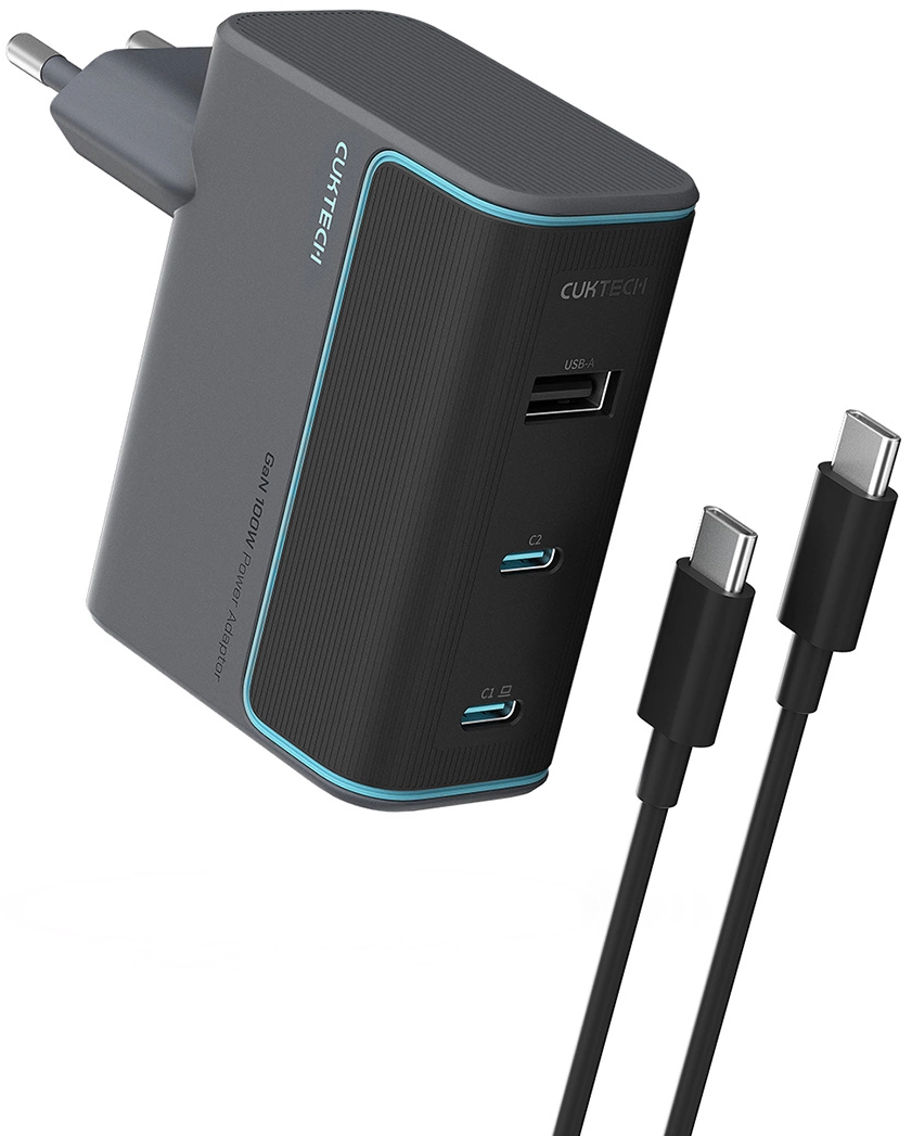 Hálózati töltő USB-C kábellel Cuktech, 100W, 5A, 1 x USB-A - 2 x USB-C, Szürke CUKAD1003EUG