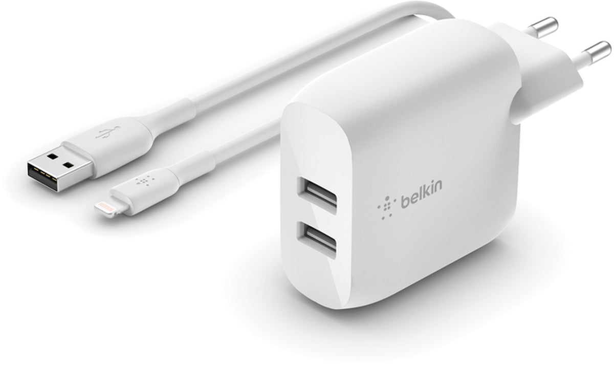 Belkin BoostCharge Dual USB-C kábeles hálózati töltő, 24W, 2.4A, 2 x USB-A, Fehér WCE001vf1MWH