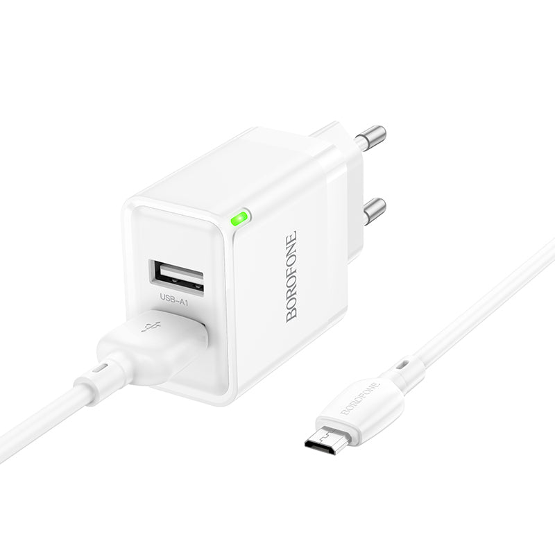 Hálózati töltő microUSB kábellel Borofone BN15 Strong, 10.5W, 2.1A, 2 x USB-A, fehér