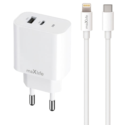 MaXlife MXTC-06-20AC MaXlife MXTC-06-20AC hálózati töltő Lightning kábellel, 20W, 3A, 1 x USB-A - 1 x USB-C, fehér színben