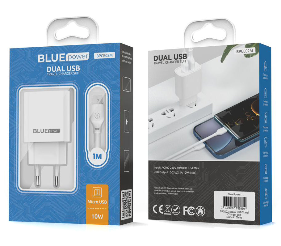 Blue Power BPCE02M hálózati töltő microUSB kábellel BPCE02M, 10,5W, 2,1A, 2 x USB-A, fehér