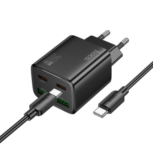 Hálózati töltő USB-C kábellel HOCO N56, 30W, 3A, 2 x USB-A - 2 x USB-C, Fekete