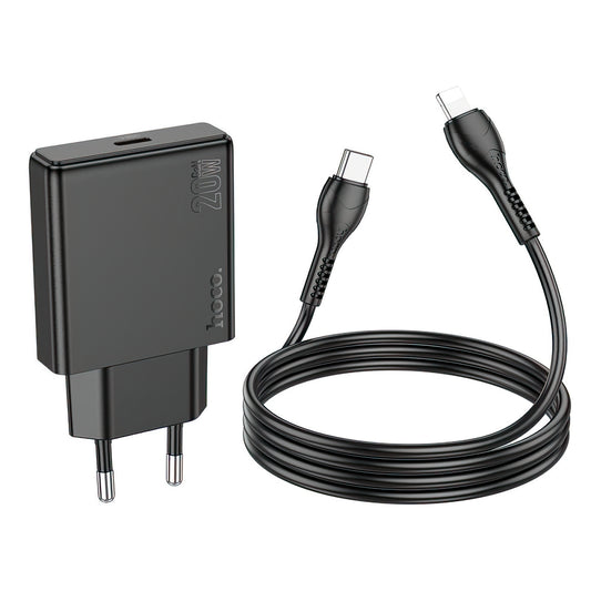 Hálózati töltő Lightning kábellel HOCO N37, 30W, 3A, 1 x USB-C, Fekete