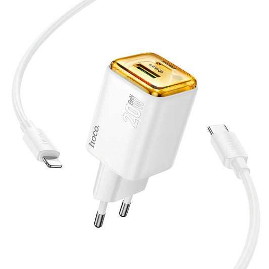 Hálózati töltő Lightning kábellel HOCO N52, 20W, 3A, 1 x USB-A - 1 x USB-C, Fehér