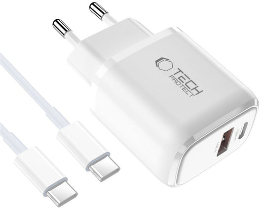 Hálózati töltő USB-C kábellel Tech-Protect NCA45W, 45W, 3A, 1 x USB-A - 1 x USB-C, Fehér
