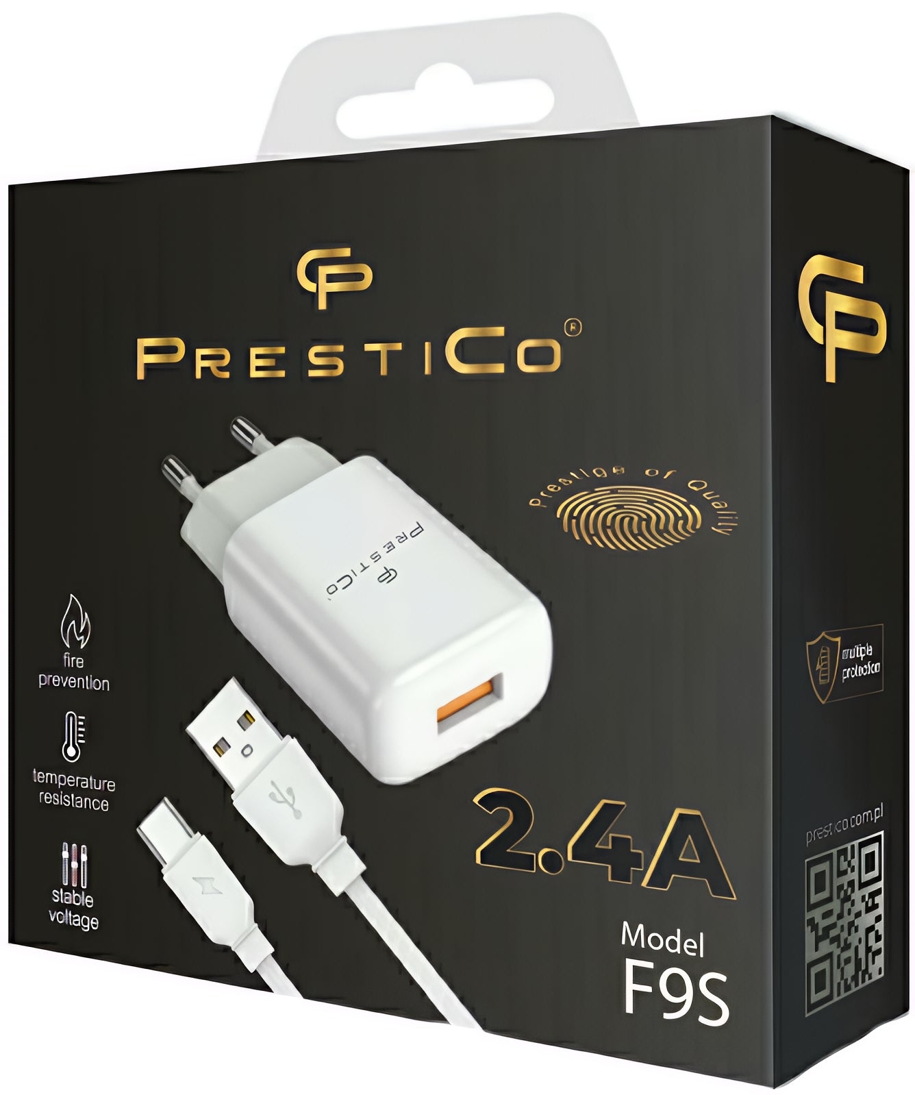 Hálózati töltő USB-C kábellel Prestico F9S, 12W, 2.4A, 1 x USB-A, Fehér