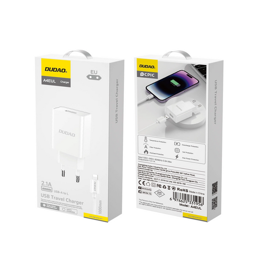 Network Charger with Lightning Cable Dudao A4EU, 10W, 2.1A, 1 x USB-A, White