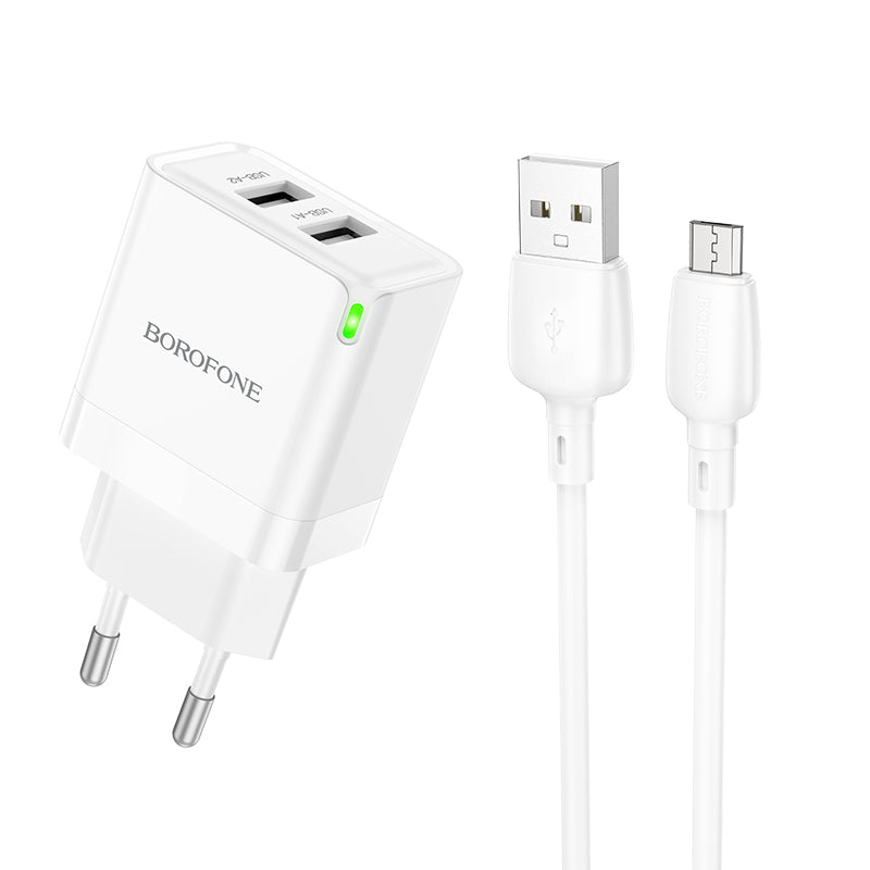 Hálózati töltő microUSB kábellel Borofone BN15 Strong, 10.5W, 2.1A, 2 x USB-A, fehér