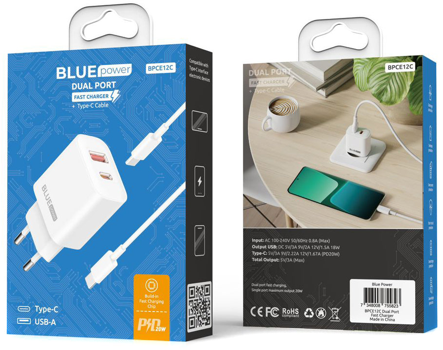 Blue Power BPCE12C USB-C kábeles hálózati töltő BPCE12C, 20W, 3A, 1 x USB-A - 1 x USB-C, Fehér