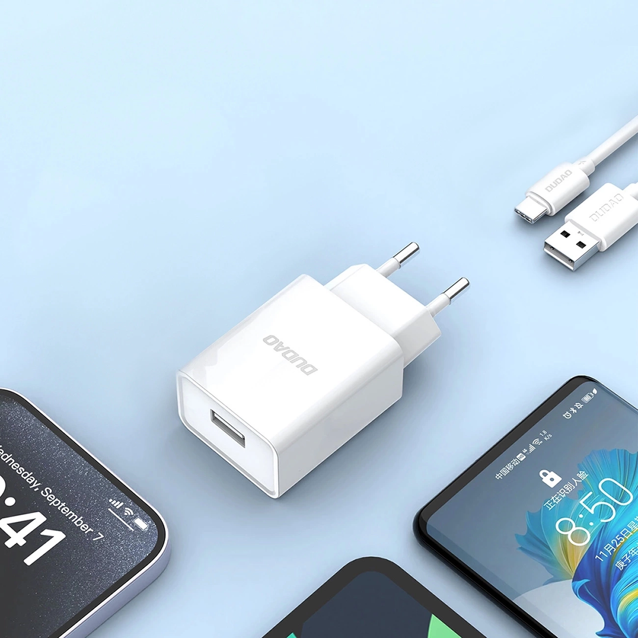 Hálózati töltő USB-C kábellel Dudao A4EU, 10W, 2.1A, 1 x USB-A, Fehér