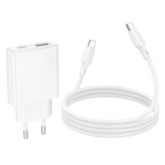 Hálózati töltő USB-C kábellel Borofone BN25 Wish, 30W, 3A, 1 x USB-A - 1 x USB-C, Fehér