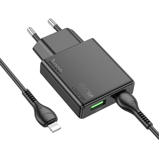 Hálózati töltő Lightning kábellel HOCO N38, 20W, 3A, 1 x USB-A - 1 x USB-C, Fekete