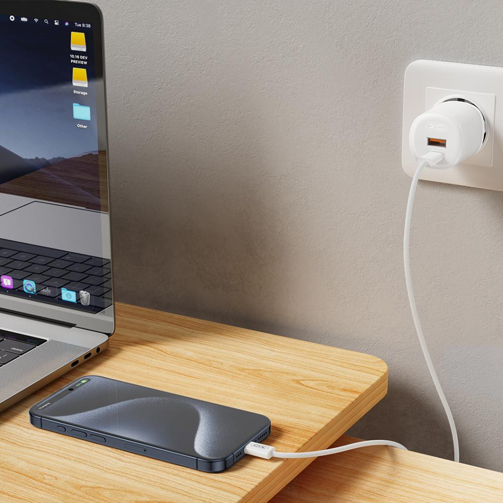Hálózati töltő USB-C kábellel XO Design L151, 30W, 3A, 1 x USB-A - 1 x USB-C, Fehér