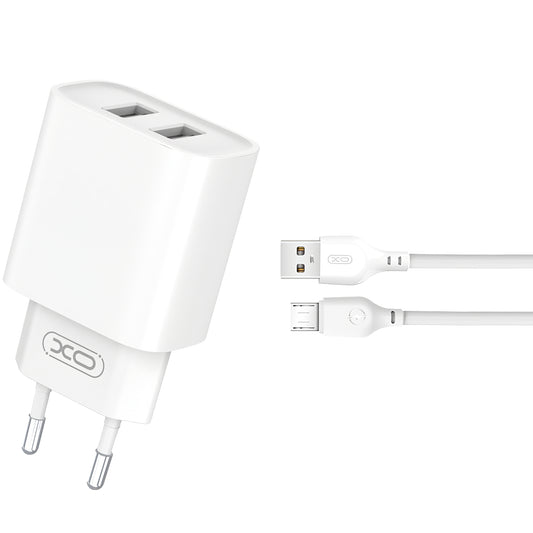 Hálózati töltő microUSB kábellel XO Design CE02C, 10,5W, 2,1A, 2 x USB-A, fehér