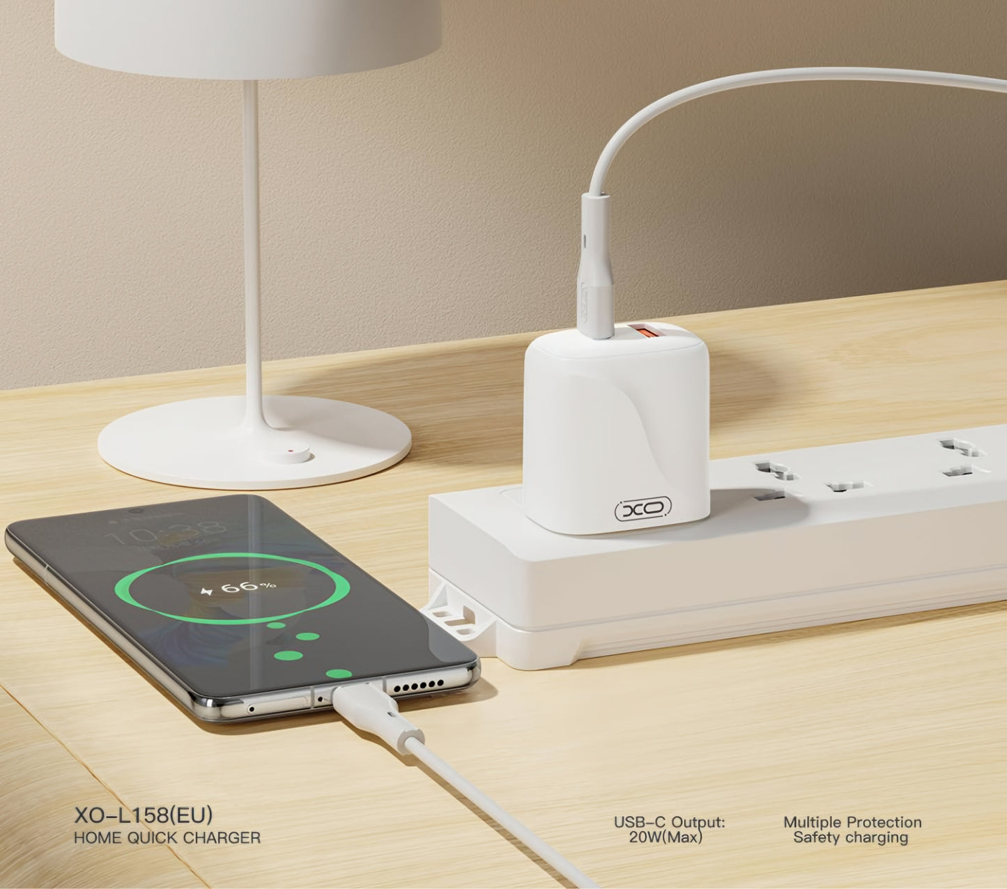 Hálózati töltő USB-C kábellel XO Design L158, 20W, 3A, 1 x USB-A - 1 x USB-C, Fehér