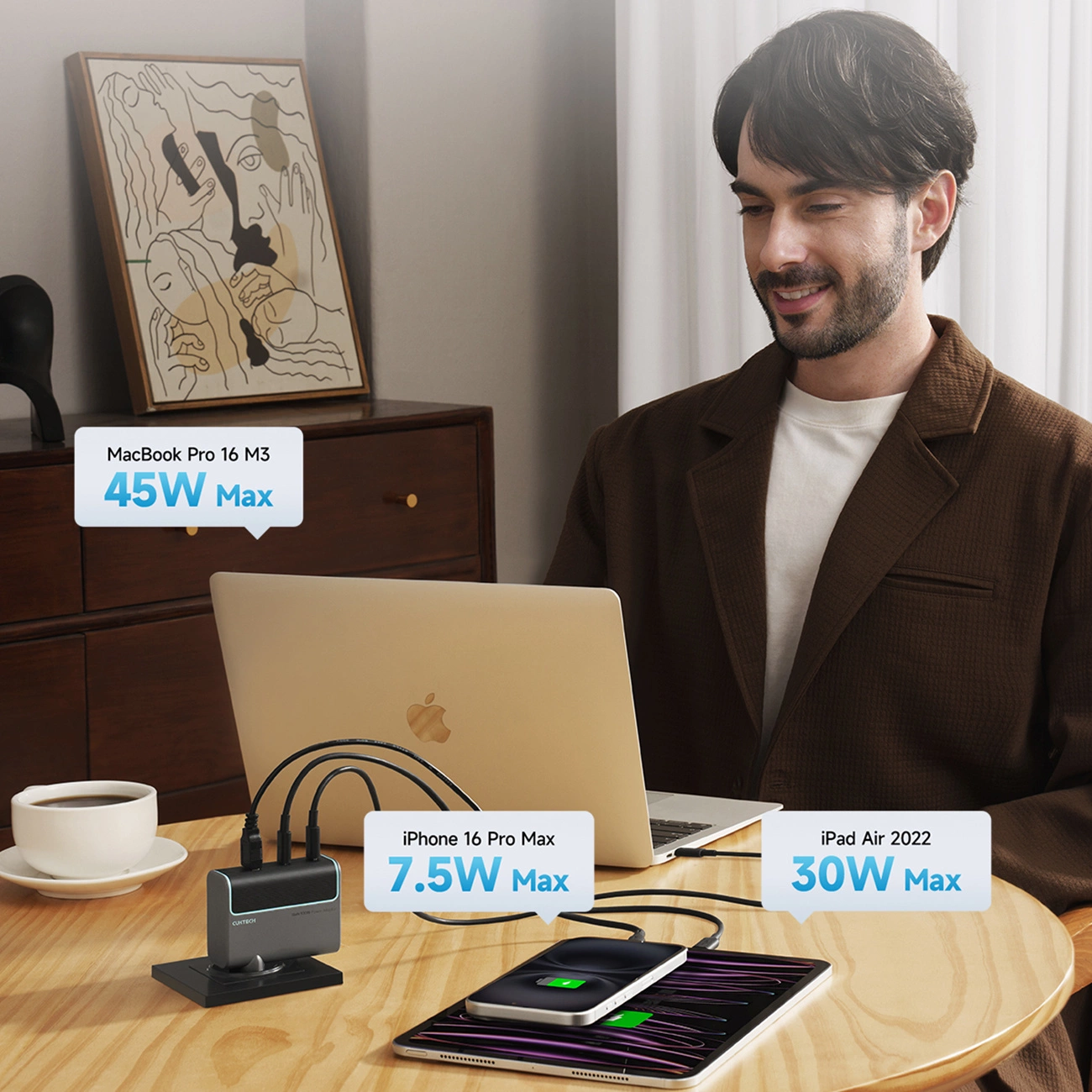 Hálózati töltő USB-C kábellel Cuktech, 100W, 5A, 1 x USB-A - 2 x USB-C, Szürke CUKAD1003EUG