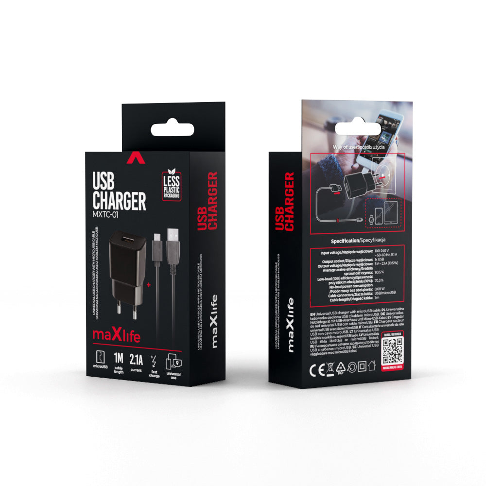 Hálózati töltő microUSB kábellel MaXlife MXTC-01, 10.5W, 2.1A, 1 x USB-A, Fekete