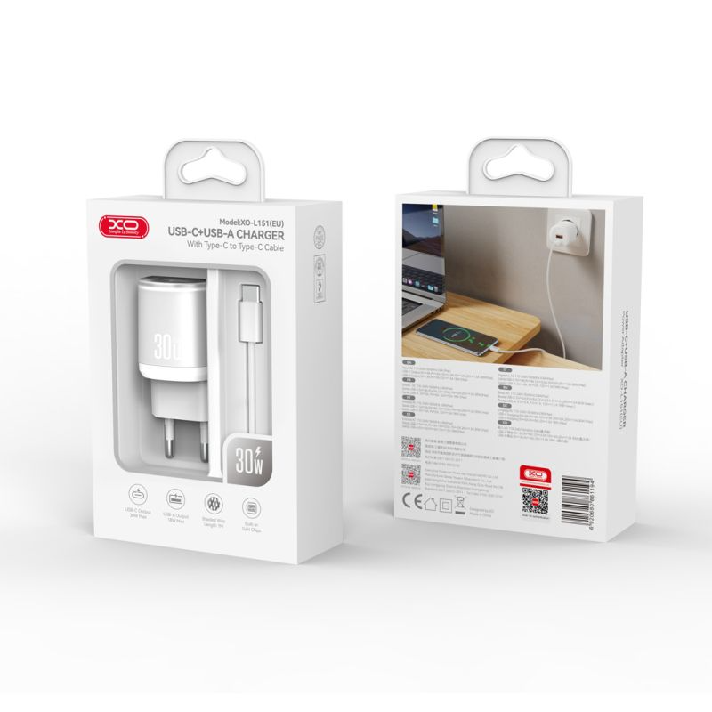 Hálózati töltő USB-C kábellel XO Design L151, 30W, 3A, 1 x USB-A - 1 x USB-C, Fehér