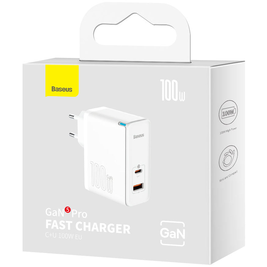 Baseus GaN5 Pro USB-C hálózati töltő kábellel, 100W, 3A, 1 x USB-A - 1 x USB-C, Fehér CCGP090202