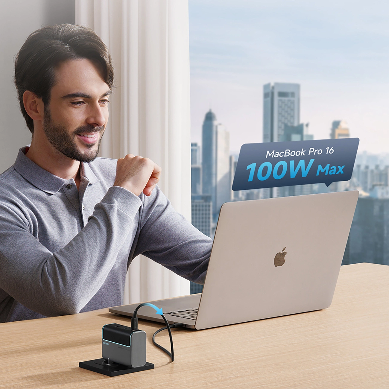 Hálózati töltő USB-C kábellel Cuktech, 100W, 5A, 1 x USB-A - 2 x USB-C, Szürke CUKAD1003EUG