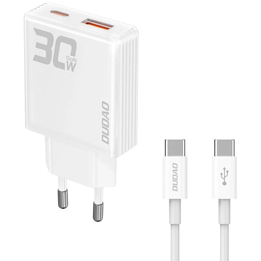 Dudao A30EUT USB-C kábeles hálózati töltő, 30W, 3A, 1 x USB-A - 1 x USB-C, Fehér
