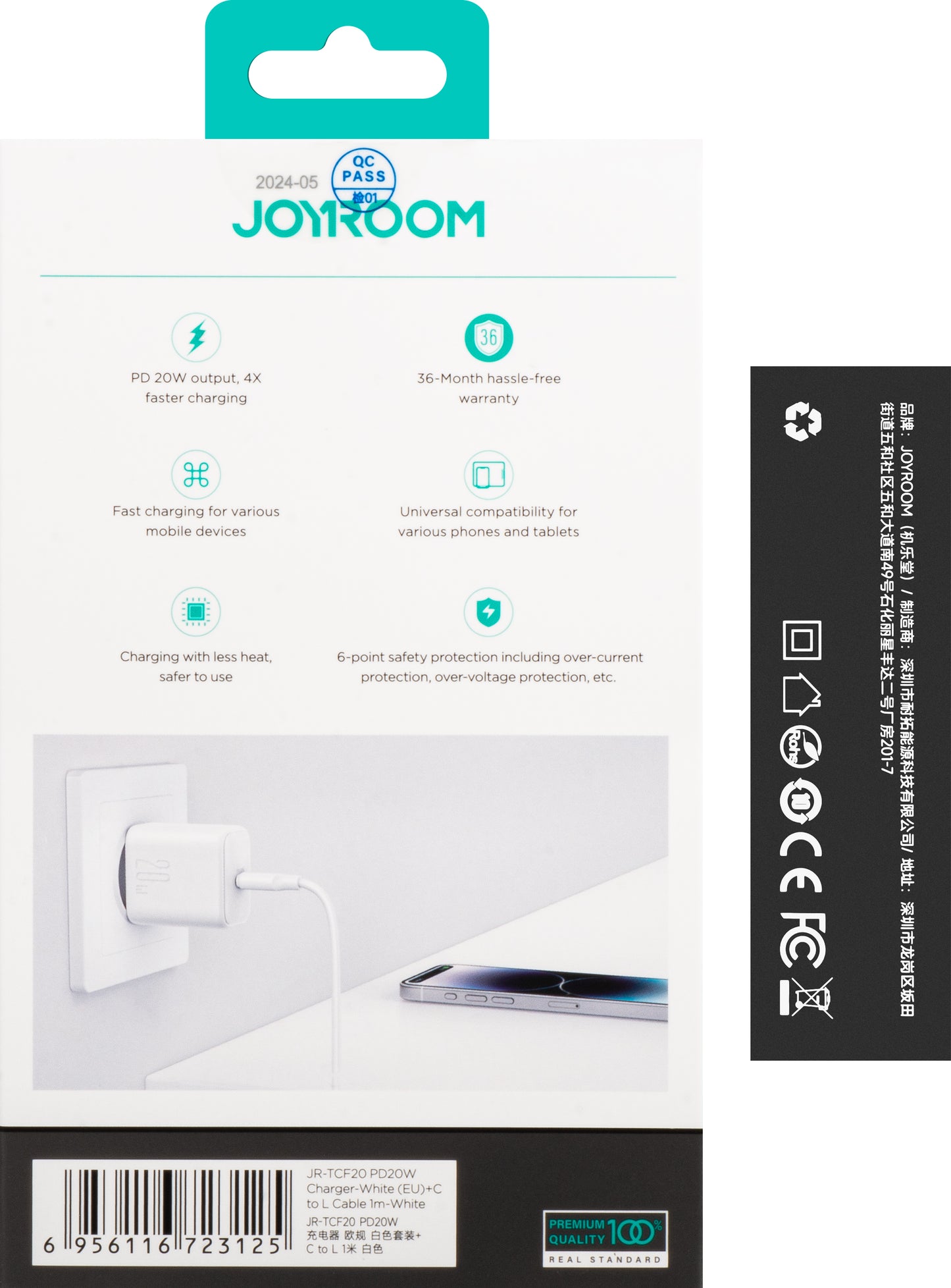 Hálózati töltő Lightning kábellel Joyroom JR-TCF20, 20W, 3A, 1 x USB-C, Fehér