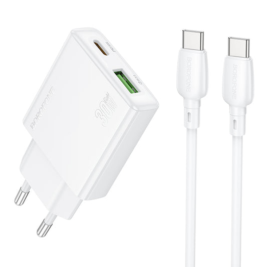 Hálózati töltő USB-C kábellel Borofone BN25 Wish, 30W, 3A, 1 x USB-A - 1 x USB-C, Fehér