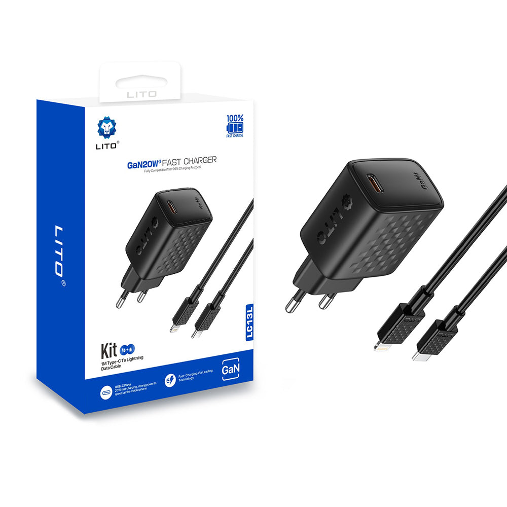 Hálózati töltő Lightning kábellel Lito LC13L, 20W, 3A, 1 x USB-C, Fekete