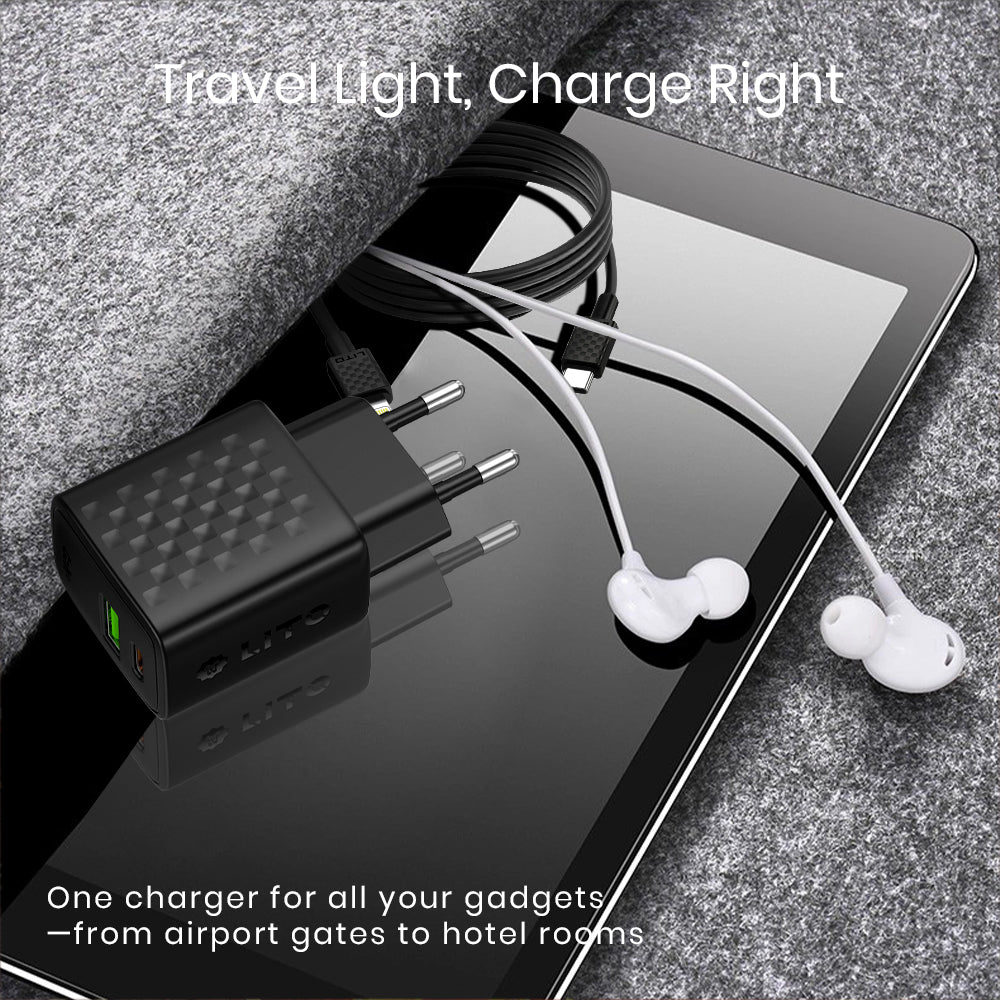 Hálózati töltő Lightning kábellel Lito LC15L, 20W, 3A, 1 x USB-A - 1 x USB-C, Fekete