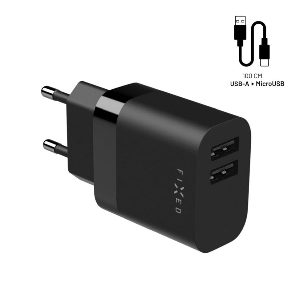 Fixed mikroUSB kábelos hálózati töltő, 17W, 3A, 2 x USB-A, Fekete