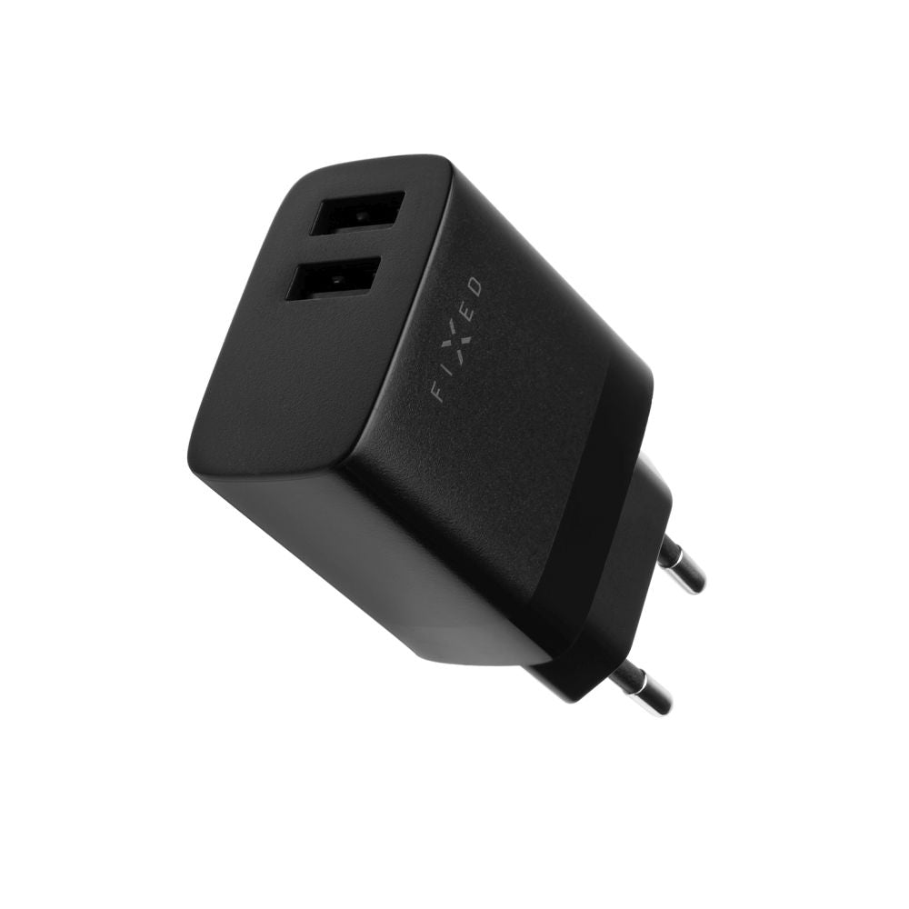 Fixed mikroUSB kábelos hálózati töltő, 17W, 3A, 2 x USB-A, Fekete
