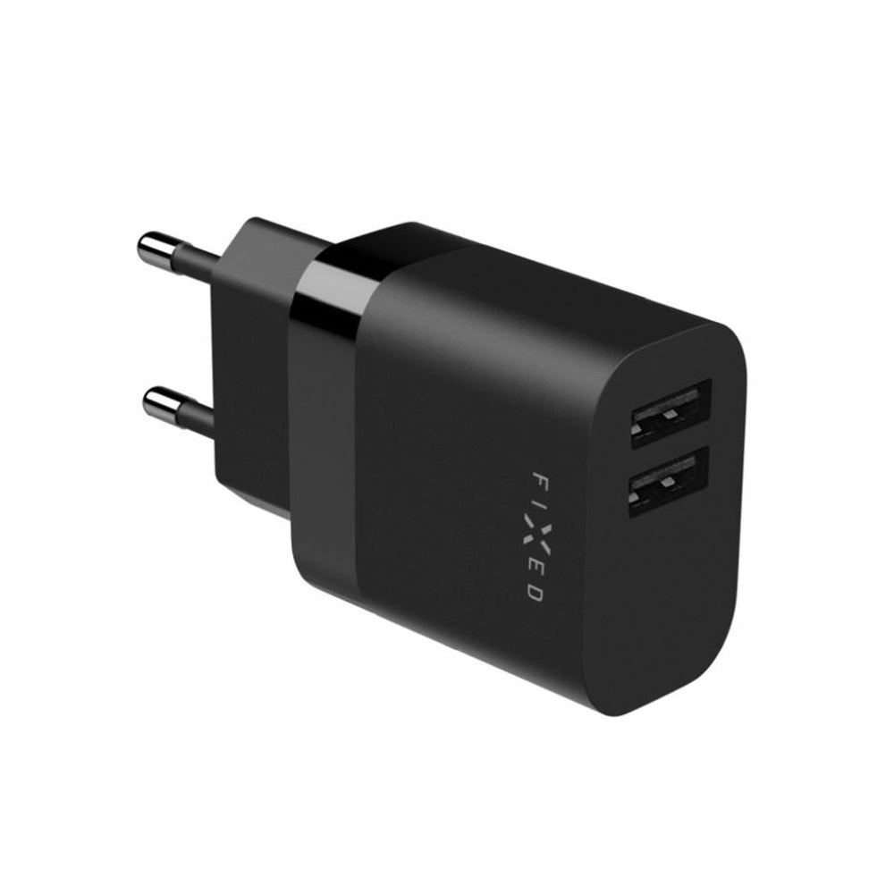 Fixed mikroUSB kábelos hálózati töltő, 17W, 3A, 2 x USB-A, Fekete