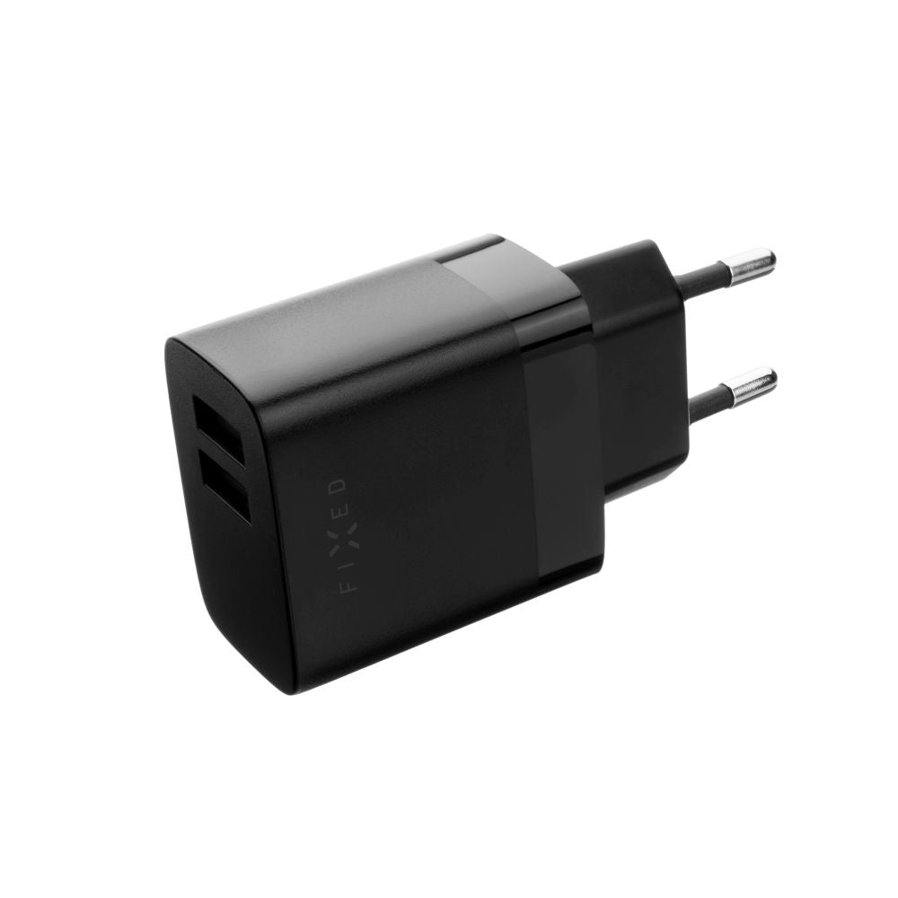Fixed mikroUSB kábelos hálózati töltő, 17W, 3A, 2 x USB-A, Fekete