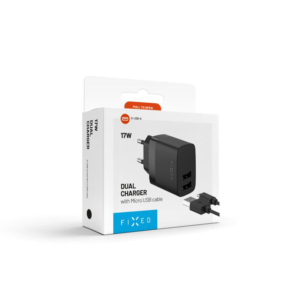Fixed mikroUSB kábelos hálózati töltő, 17W, 3A, 2 x USB-A, Fekete