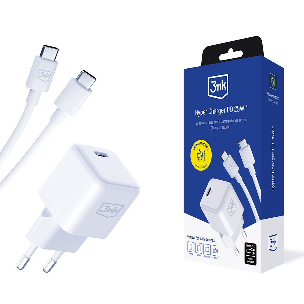 Hálózati töltő USB-C kábellel 3MK Hyper, 25W, 3A, 1 x USB-C, Fehér