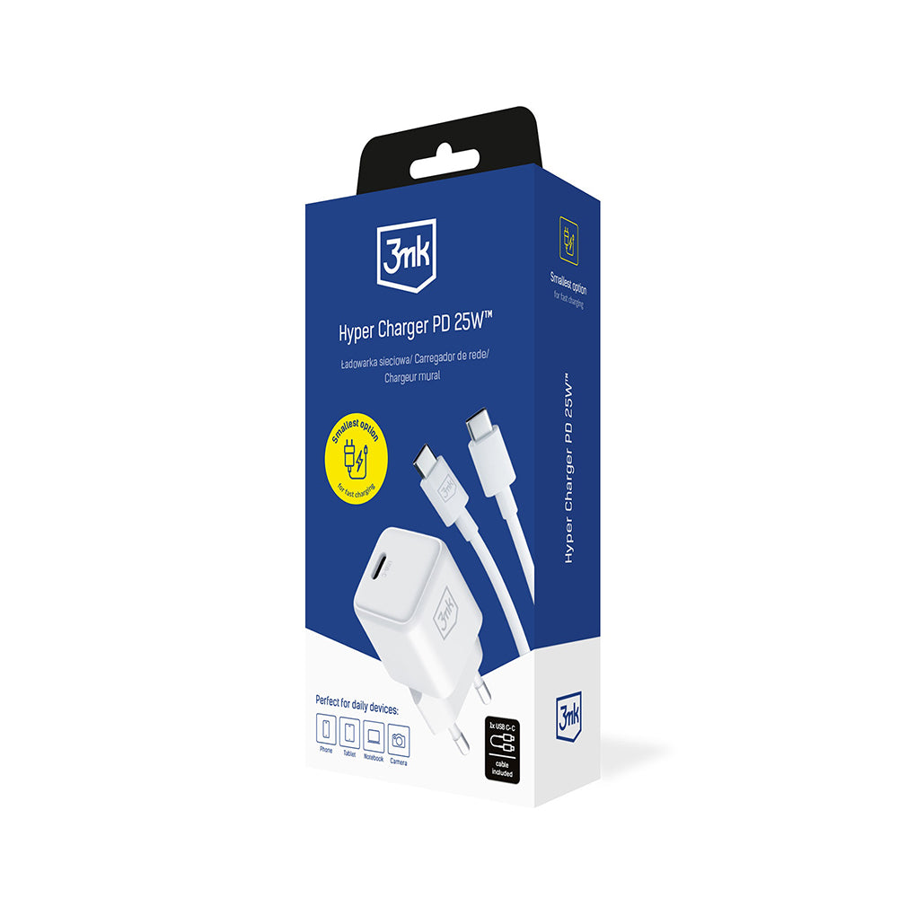 Hálózati töltő USB-C kábellel 3MK Hyper, 25W, 3A, 1 x USB-C, Fehér