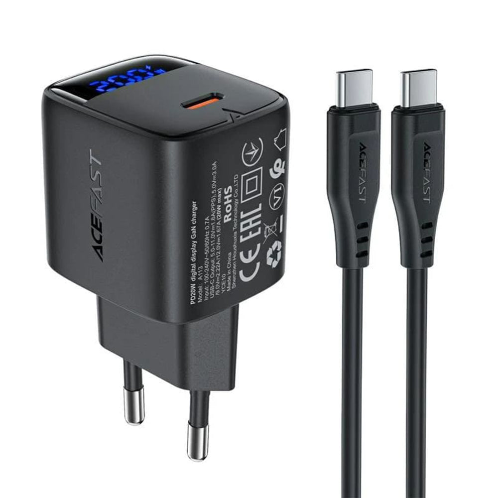 Hálózati töltő USB-C kábellel Acefast A113 Display, 20W, 3A, 1 x USB-C, Fekete
