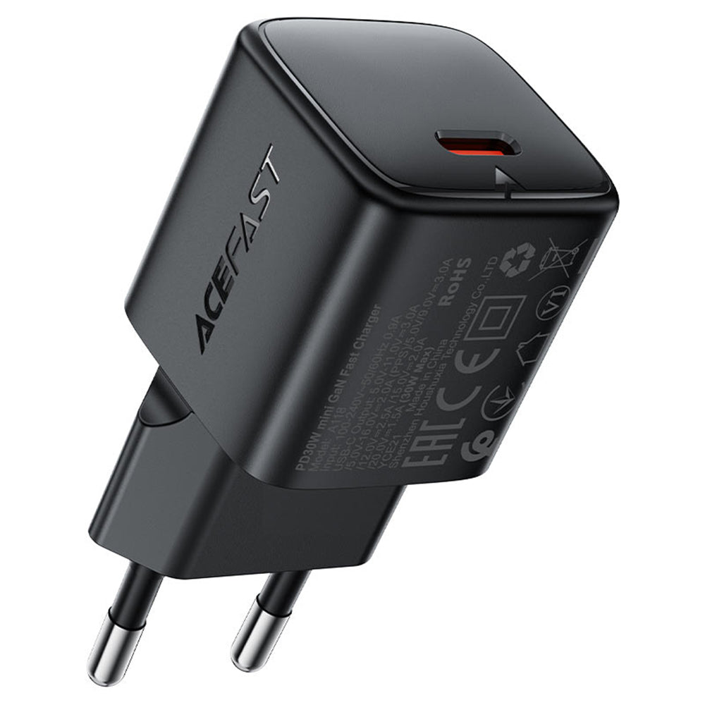 Hálózati töltő USB-C kábellel Acefast A118, 30W, 3A, 1 x USB-C, Fekete