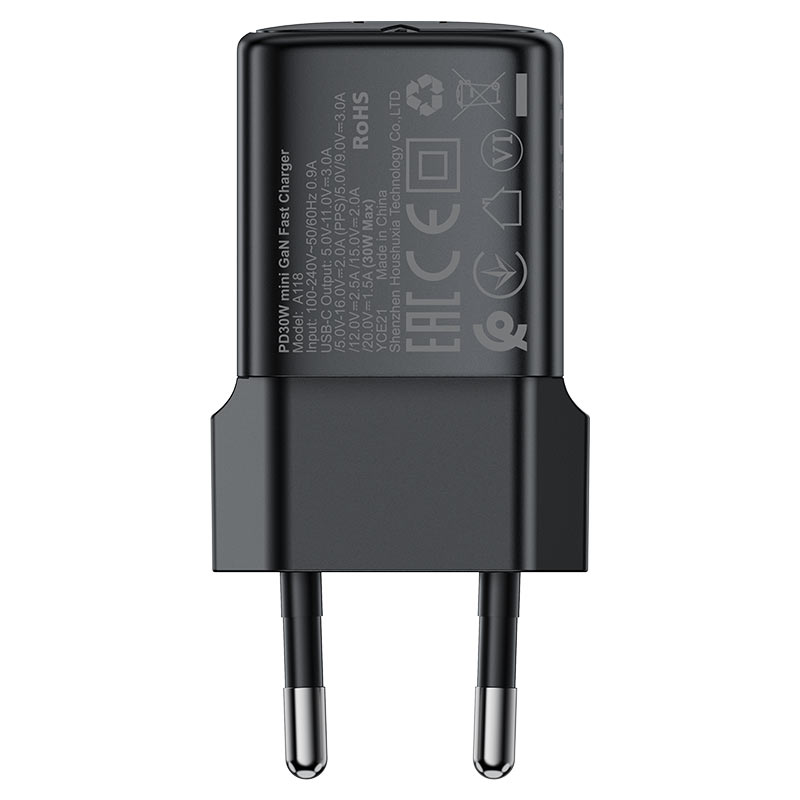 Hálózati töltő USB-C kábellel Acefast A118, 30W, 3A, 1 x USB-C, Fekete