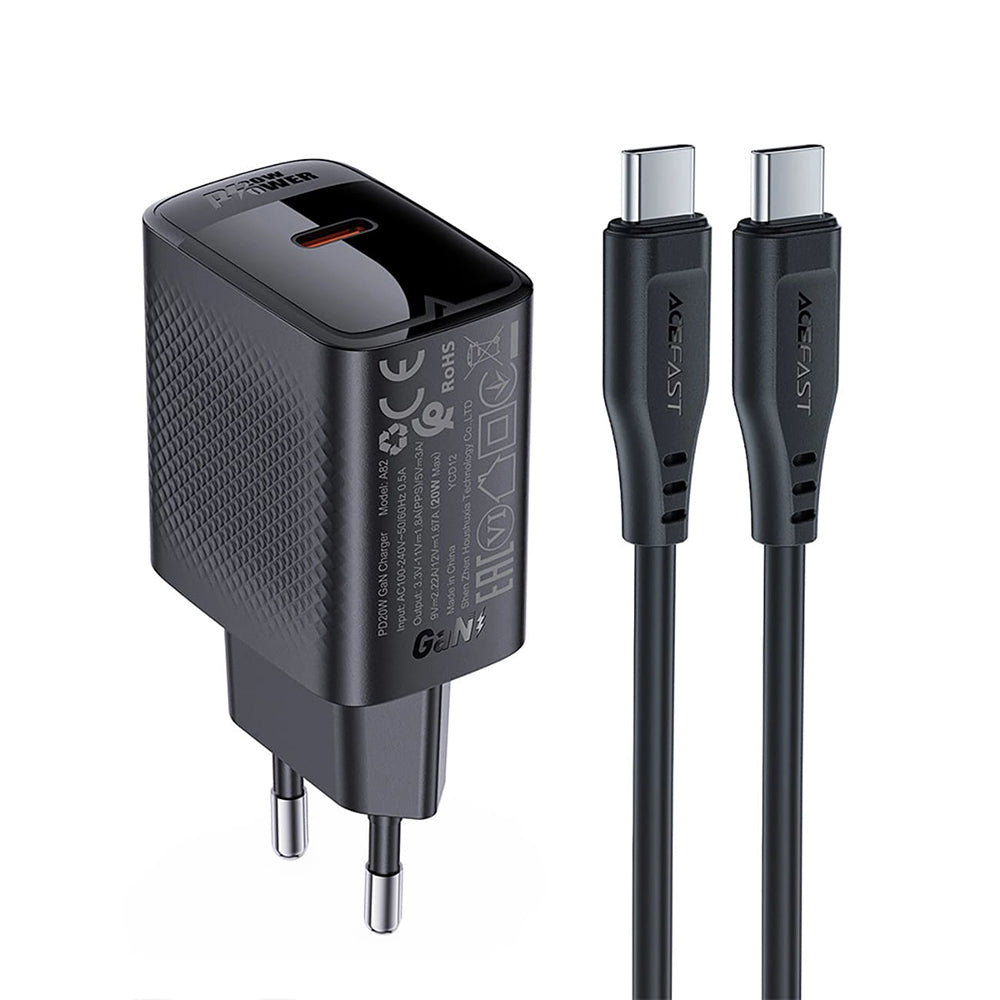 Hálózati töltő USB-C kábellel Acefast A82, 20W, 3A, 1 x USB-C, Fekete